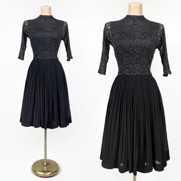 VINTAGE 50s 60s Black Sheer Lace and Chiffon Taffeta Party Dress VFG - Picture 2 of 9